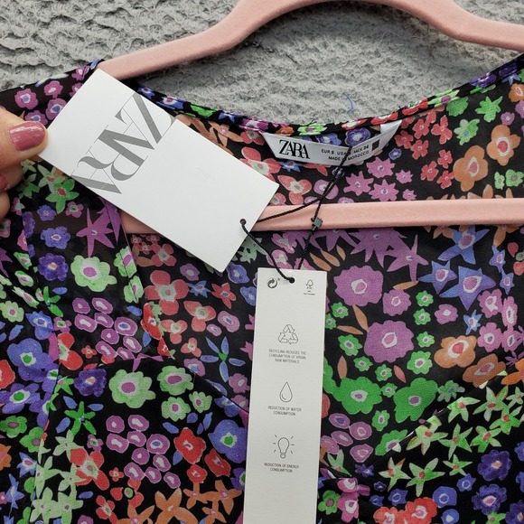 Zara Bodycon Dress Womens Small Multi Floral Lined Sweetheart Ruched Ruffle Hem - Picture 7 of 9